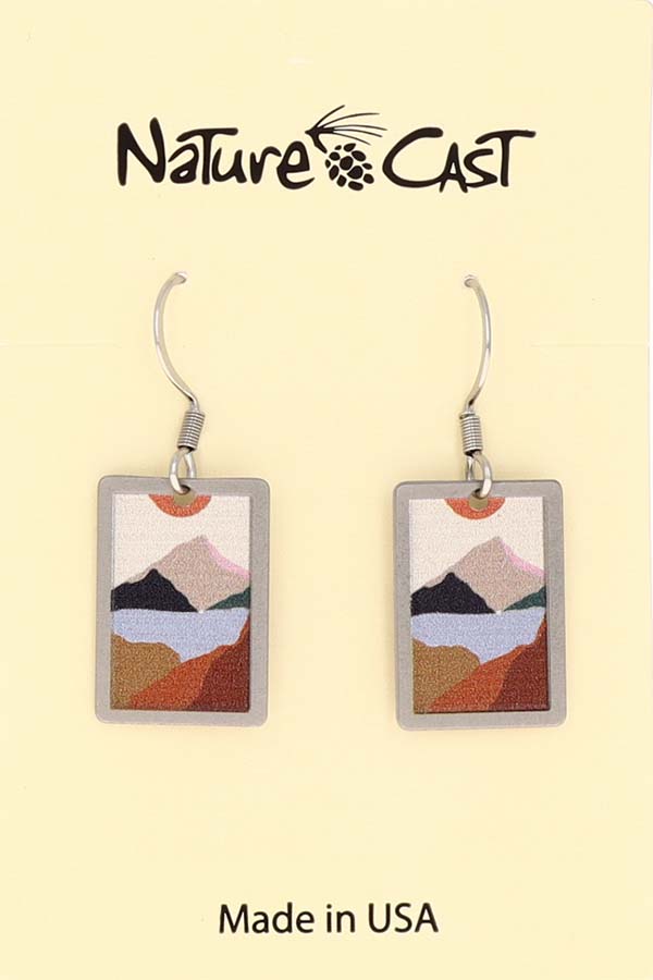 22144 Earring dangle rectangle mountain lake with orange sun LARGE