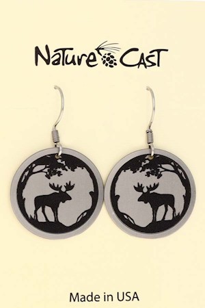 22184 Earring dangle moose in silver round LARGE