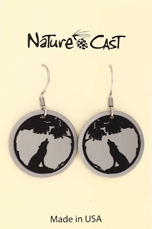 22187 Earring dangle wolf on silver round LARGE
