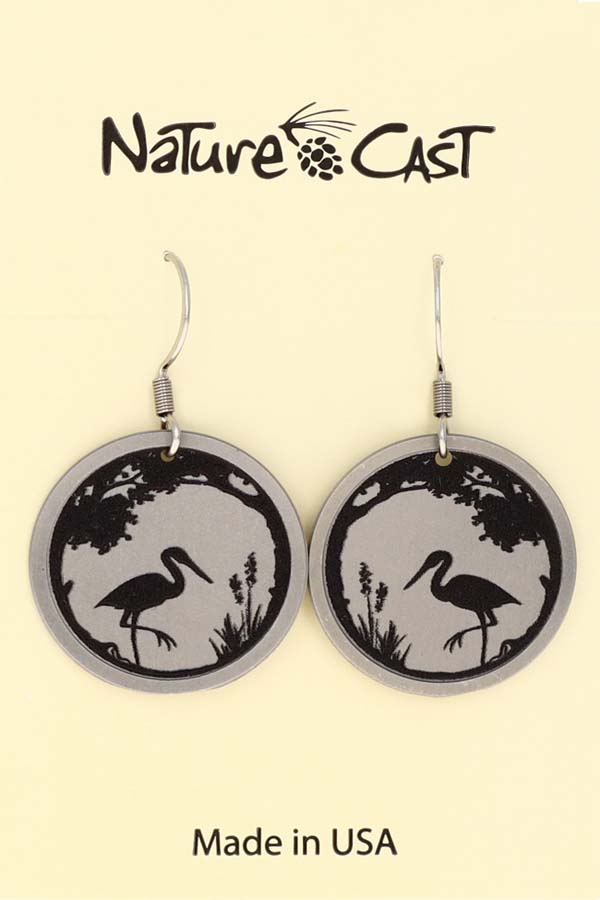 22189 Earring dangle crane on silver round THUMBNAIL
