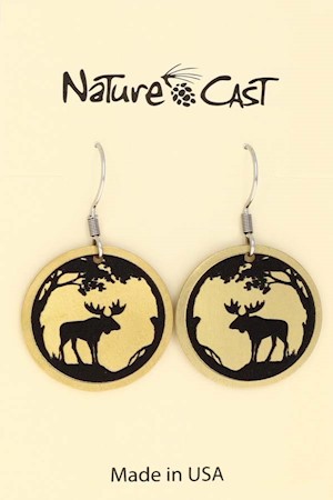 22194 Earring dangle moose on gold round LARGE
