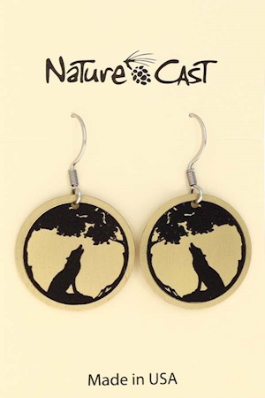 22195 Earring dangle wolf on gold round LARGE
