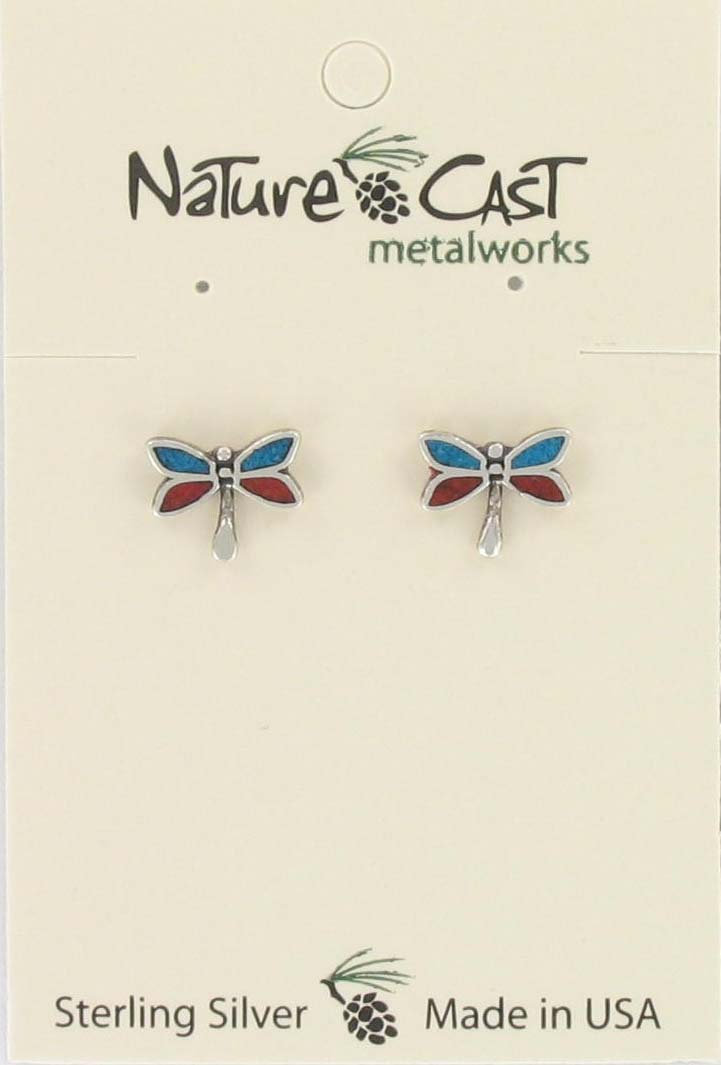 Earring post inlay coral/turquoise dragonfly sterling silver THUMBNAIL