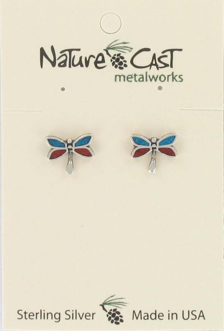 43037 Earring post inlay coral/turquoise dragonfly sterling silver MAIN