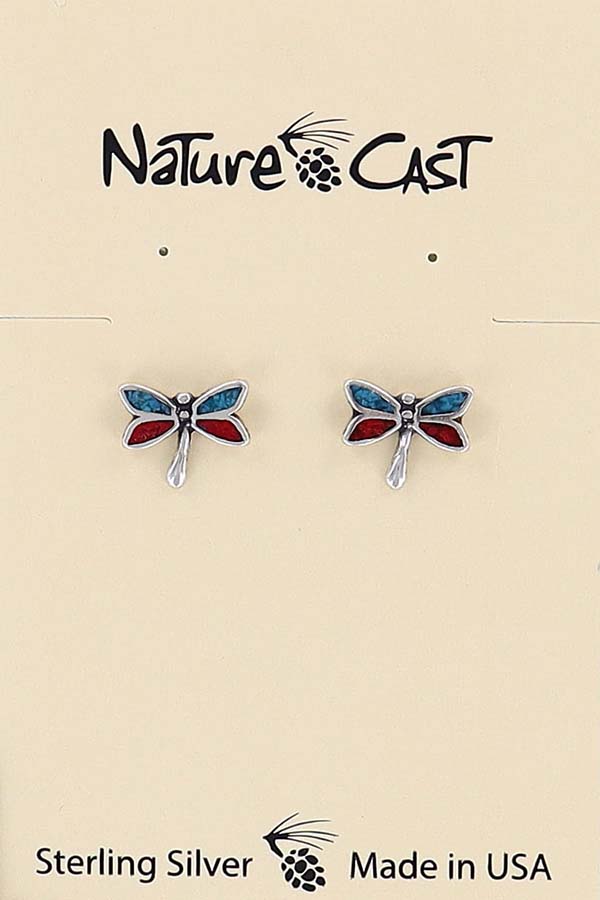 43037 Earring post inlay coral/turquoise dragonfly sterling silver THUMBNAIL