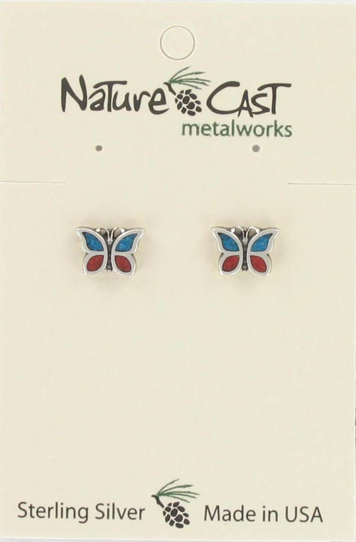 Earring post coral/turquoise inlay butterfly sterling silver THUMBNAIL