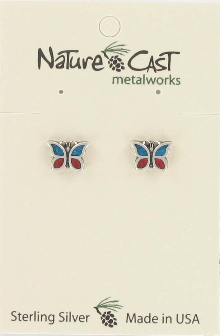 43041 Earring post coral/turquoise inlay butterfly sterling silver THUMBNAIL