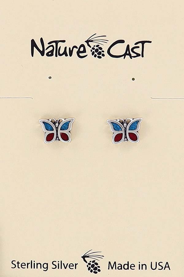43041 Earring post coral/turquoise inlay butterfly sterling silver THUMBNAIL