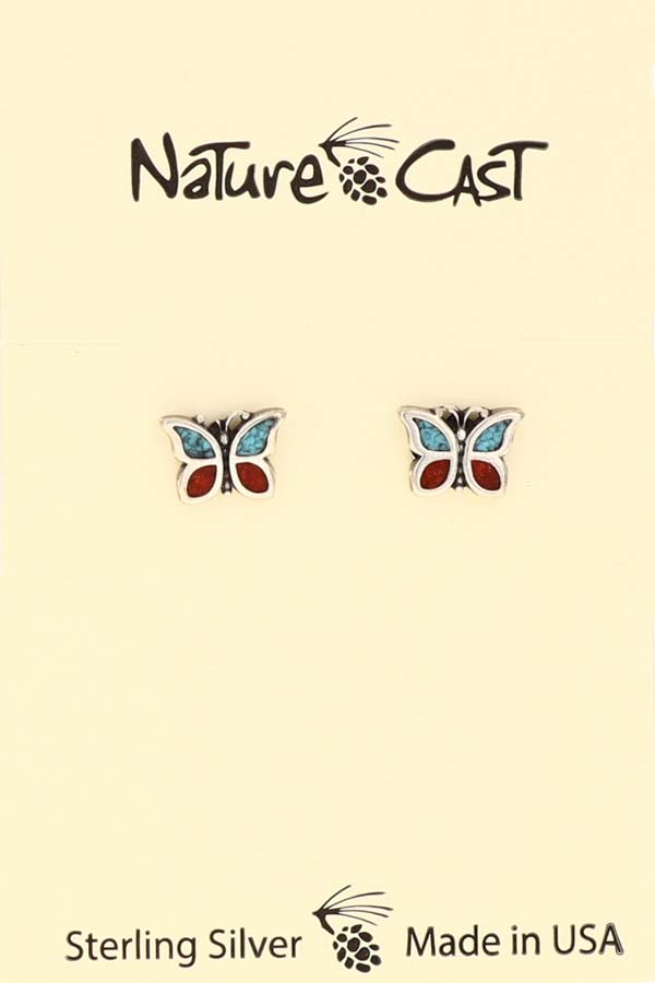 43041 Earring post coral/turquoise inlay butterfly sterling silver LARGE