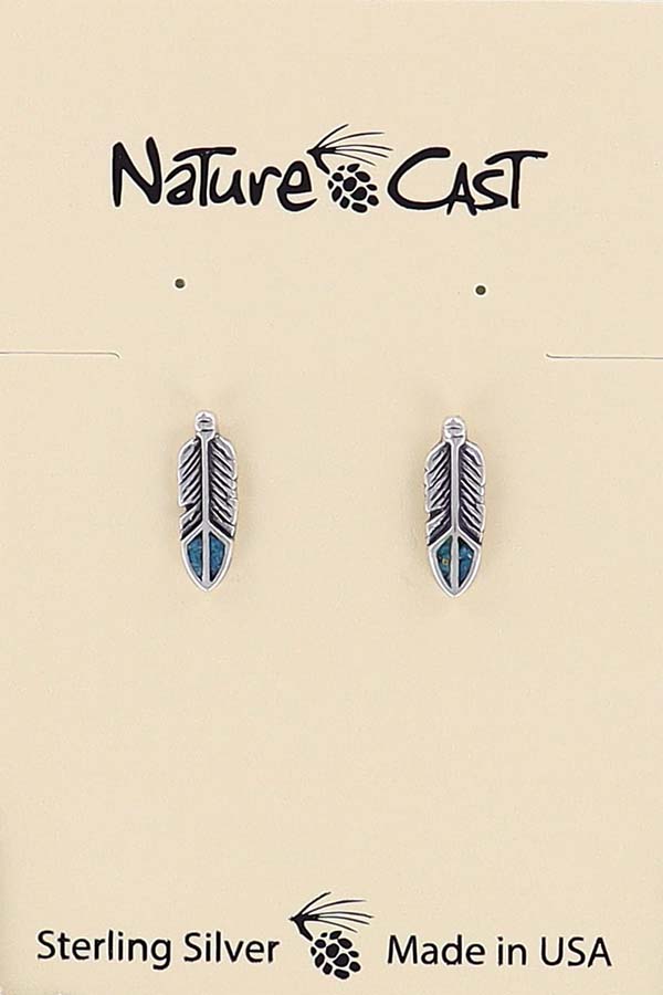 43051 Earring post feather with turquoise inlay sterling silver THUMBNAIL