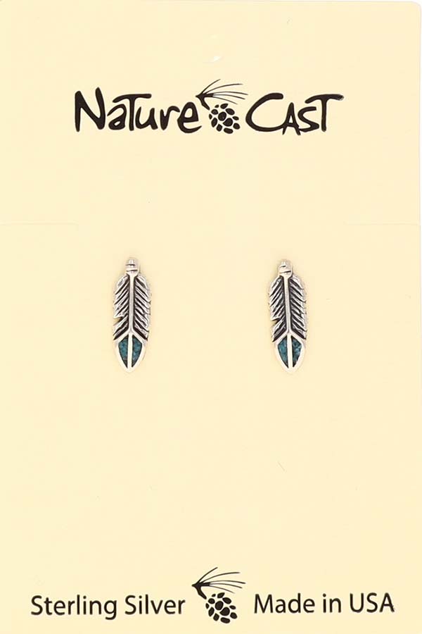 43051 Earring post feather with turquoise inlay sterling silver THUMBNAIL