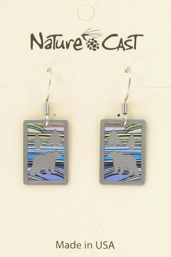 Earring dangle rectangle with bear and colorful landscape THUMBNAIL