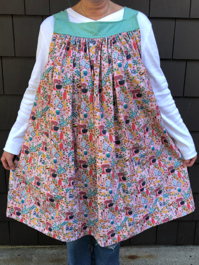 Popover Pinafore Apron — Aqua and Rose Pink with Baking Items MAIN