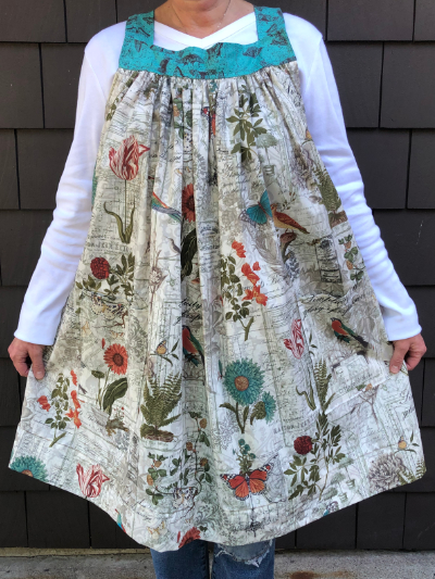 Popover Pinafore Apron — Cream and Aqua with Flowers, Butterflies and Birds MAIN
