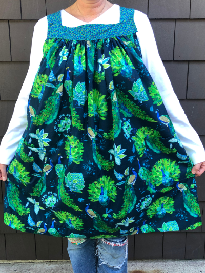 Popover Pinafore Apron — Blue and Green with Peacocks MAIN