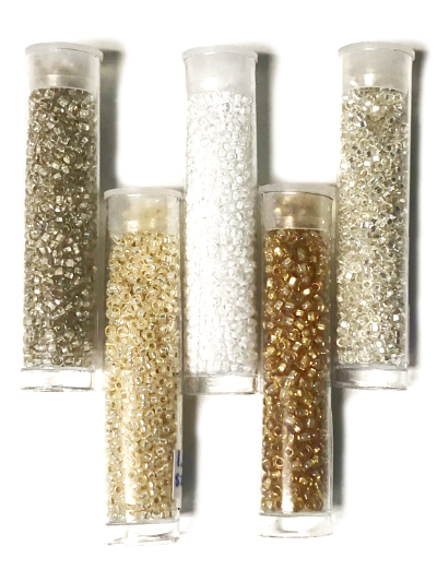 Seed Bead Tube Bundle – Clear, White and Gold Iridescent sizes 11, 13 & 15 MAIN