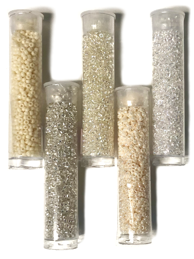 Seed Bead Tube Bundle – Cream and Clear Iridescent sizes 11 & 15 MAIN