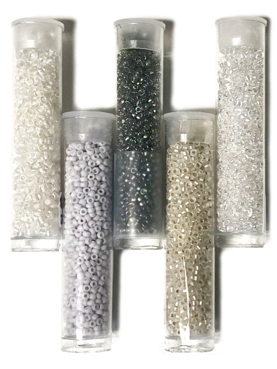 Seed Bead Tube Bundle – White and Silver Iridescent sizes 11 & 15 MAIN