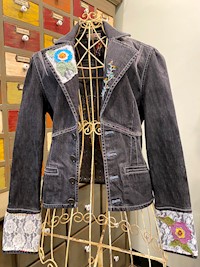 Felt Florals & Lace Black Denim Jacket THUMBNAIL