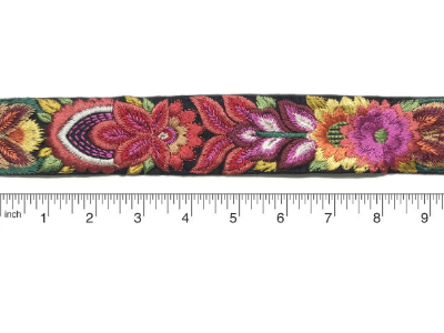Black Silk Trim with Bright Colorful Embroidered Flowers MAIN
