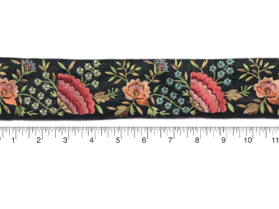 Black Silk Trim with Colorful Embroidered Flowers and Leaves MAIN