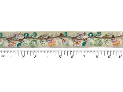 Cream Tulle Trim with Sequins and Embroidered Colorful Flowers and Leaves on Branch MAIN