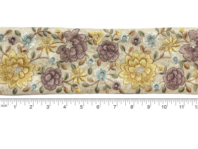 Cream Silk Trim with Yellow, Purple and Blue Embroidered Flowers and Sparkly Sequins MAIN