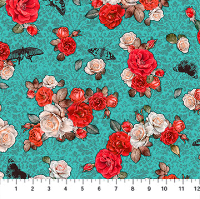 Northcott "Sanctuary" # 10071-62 – Roses and Butterflies on Turquoise MAIN