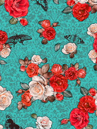 Northcott "Sanctuary" # 10071-62 – Roses and Butterflies on Turquoise THUMBNAIL