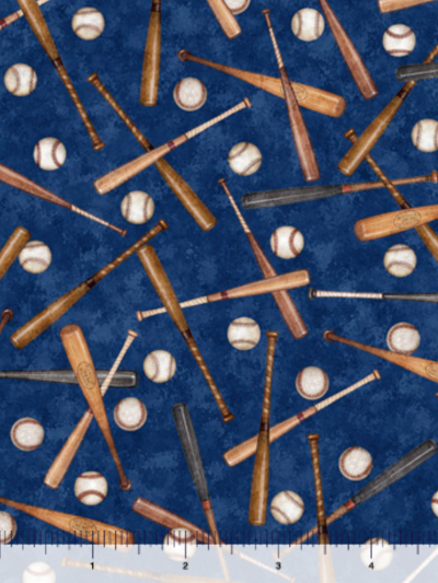QT Fabrics "America's Pastime" # 1649-28355-N Navy – Baseball and Bat Toss MAIN