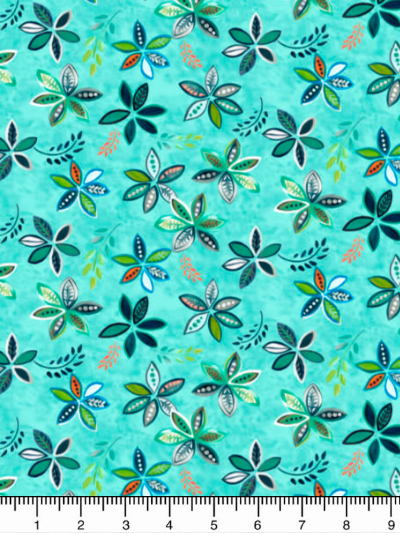 QT Fabrics "Enchanted Garden" # 1649-28500-Q – Multi Flowers and Leaves on Turquoise MAIN
