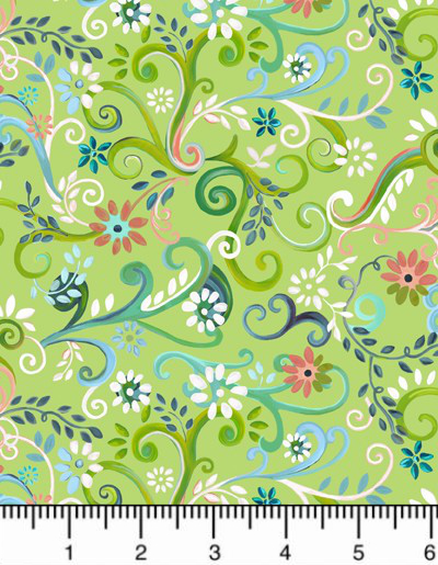QT Fabrics "Enchanted Garden" # 1649-28501-H – Flowers and Swirls on Lime Green MAIN