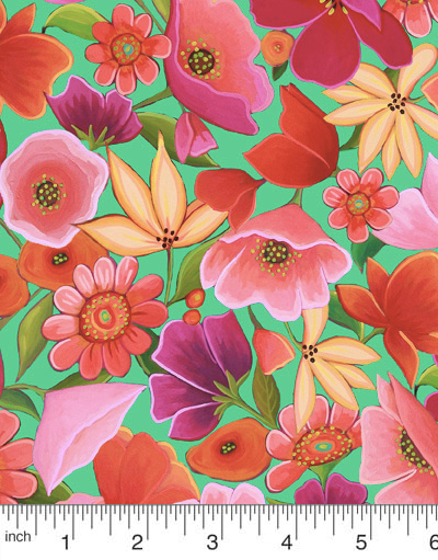 QT Fabrics "Wild Beauty" # 1649-28504-G – Bright Flowers on Dark Seafoam MAIN