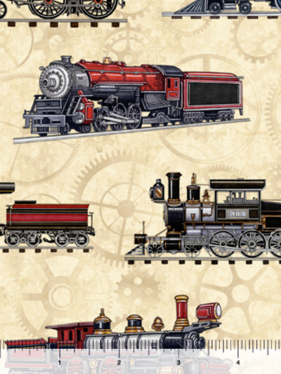 QT Fabrics "Locomotion" # 1649-28671-E – Train Toss on Beige MAIN
