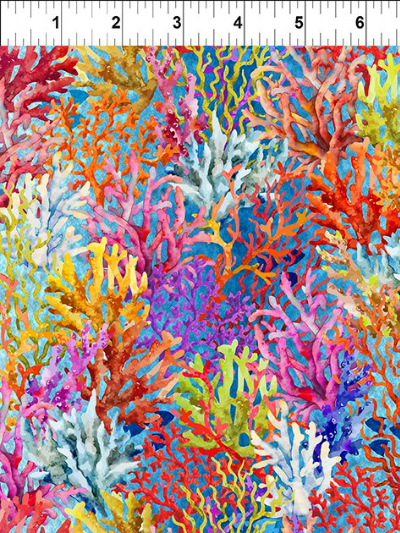 In The Beginning Fabrics "Calypso II" # 29CAL-1 – Colorful Coral on Blue MAIN