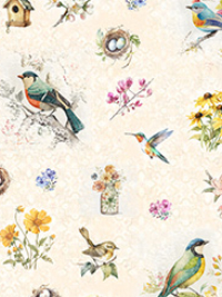 QT Fabrics "Birdsong" Birds & Flowers 30277-E Cream THUMBNAIL