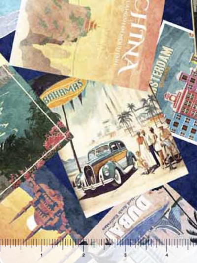 QT Fabrics "Globetrotter" Travel Posters  # 30528-N Navy MAIN
