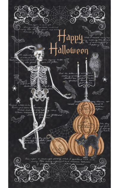 Moda "Ghostly Greetings" # 56040-13-Midnight Black – "Happy Halloween" Skeleton Panel MAIN