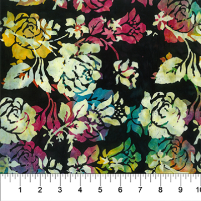 Northcott Banyan Batiks "Rose Parade" # 80631-99 – Colorful Flowers on Black MAIN