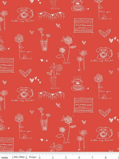 Riley Blake "From the Heart" # C10050-RED — White Valentine Items on Red MAIN