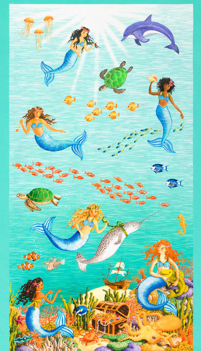 Robert Kaufman "Once Upon a Mermaid" # AUND-21354-70-AQUA – Mermaid Panel MAIN