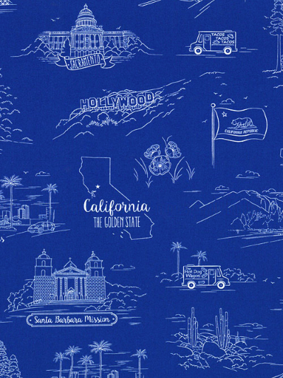 Quilting Treasures "California Here We" #1649-24688-Y - California Landmarks on Blue MAIN