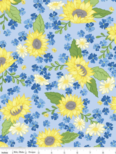 Riley Blake "Sunny Skies" # C14630-Sky – Sunflowers on Light Blue MAIN