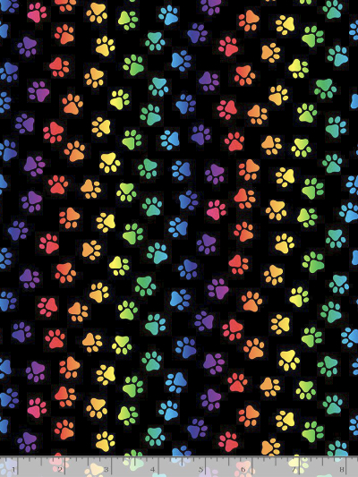 Timeless Treasures # CAT-C8586-Black – Colorful Paw Prints on Black MAIN