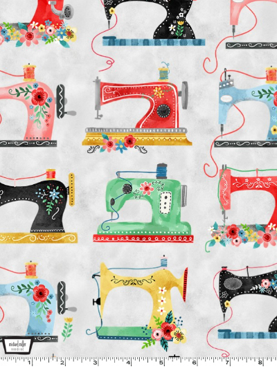 Michael Miller "Vintage Sewing Machines" # CX10226-NICK-D – Sewing Machines on Gray MAIN