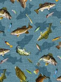 Northcott "Hooked" # DP24462-44 – Fish and Lures on Blue THUMBNAIL
