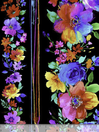 Timeless Treasures "Untamed Beauty" # FLORA-CD1711-BLACK – Bright Painted Florals 11" Stripe MAIN