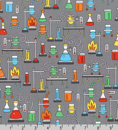 Robert Kaufman "Science Fair" # SRK-17929-205 col. MULTI – Chemistry Equipment on Gray MAIN