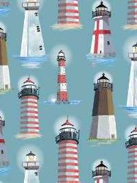 Timeless Treasures "Coastal Living" # Thomas-CD1294-Tea – Ocean Blue Lighthouses THUMBNAIL
