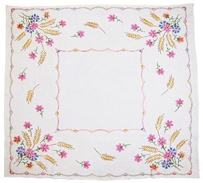 Vintage Tablecloth with Embroidered Flowers and Wheat Stalks in Corners MAIN